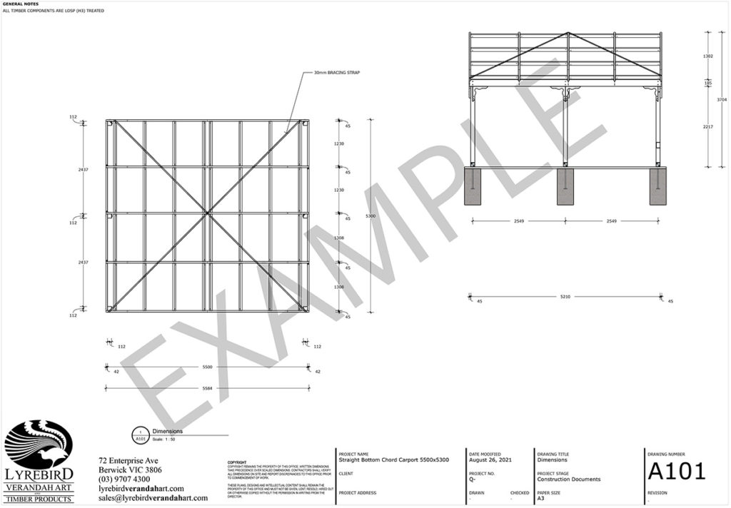 Example Construction Drawings, Carport Kits - How-to Construct a Standard Lyrebird Carport Kit - Lyrebird Enterprises